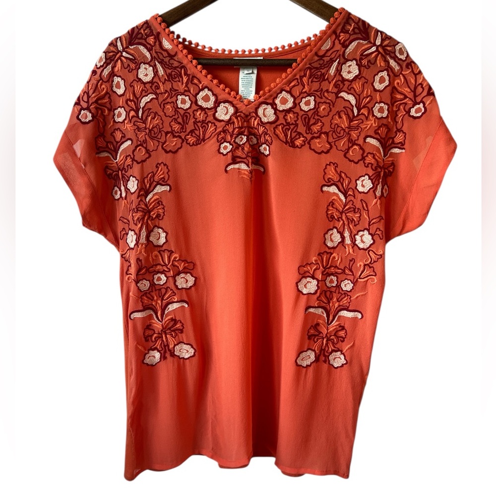 Sundance Coral Embroidered V-Neck Blouse